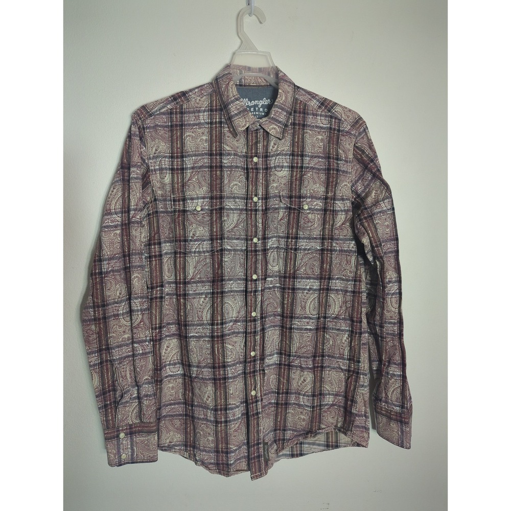 Wrangler Retro Mens LT Maroon Paisley Plaid Western Pearl Snap Shirt Large Tall
